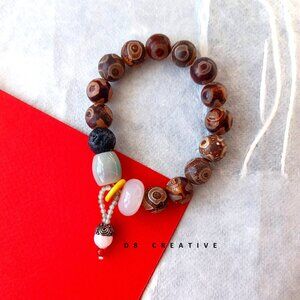 Tibet natural  eyes agate stone with jade stone sterling silver zen bracelet